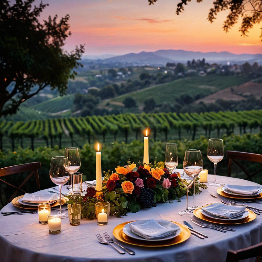 A romantic dining table set under soft candlelight, featuring an array of exquisite wines and gourmet dishes artfully arranged, surrounded by lush vineyard scenery. Include subtle hints of wine glasses clinking together, and aromatic herbs scattered about, creating an atmosphere of blissful indulgence. The color palette should be warm and inviting, evoking a sense of intimate celebration. elegant painting. vibrant colors. soft focus.