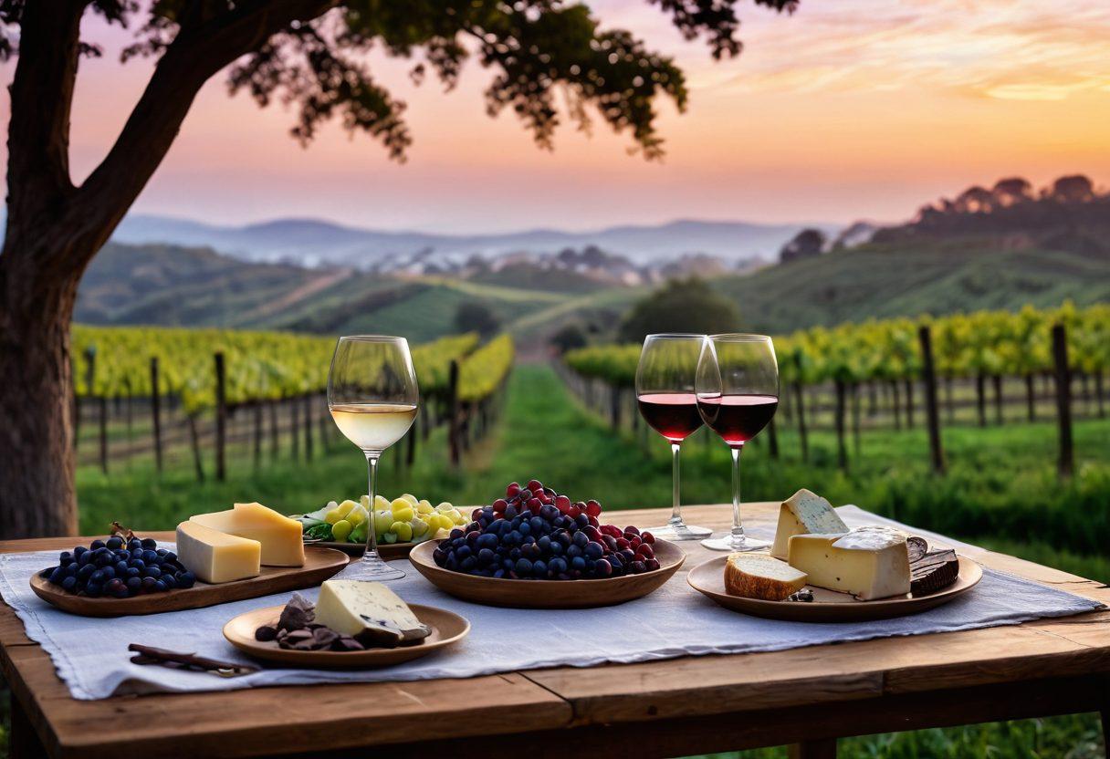 A serene vineyard at sunset, with lush grapevines glistening in warm golden light. In the foreground, a rustic wooden table adorned with elegantly crafted wine glasses, overflowing with rich red and sparkling white wines, complemented by artisanal cheese and dark chocolate. Wisps of ethereal mist swirl around, evoking a sense of tranquility and indulgence. The sky transitions from soft pastels to deep purples, creating a dreamlike atmosphere. painterly style. vibrant colors. soft focus.
