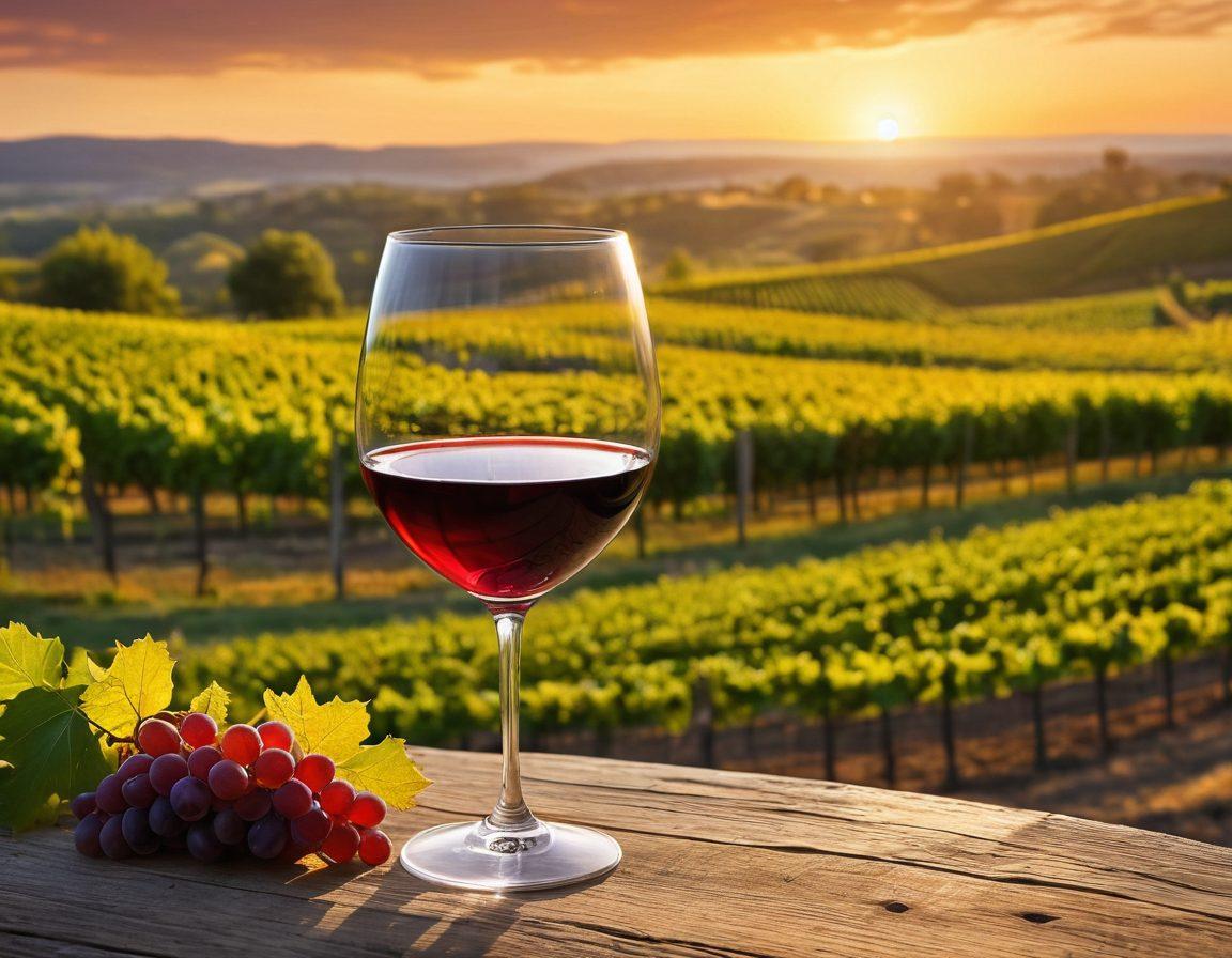 A picturesque vineyard under a golden sunset, with lush grapevines stretching across rolling hills. In the foreground, a crystal glass filled with a rich red wine, reflecting the vibrant colors of the sky. Artistic swirls of wine emerging from the glass, symbolizing creativity and inspiration. A rustic wine barrel nearby hints at the craftsmanship behind exquisite libations. Capture this scene in a vibrant, super-realistic style.